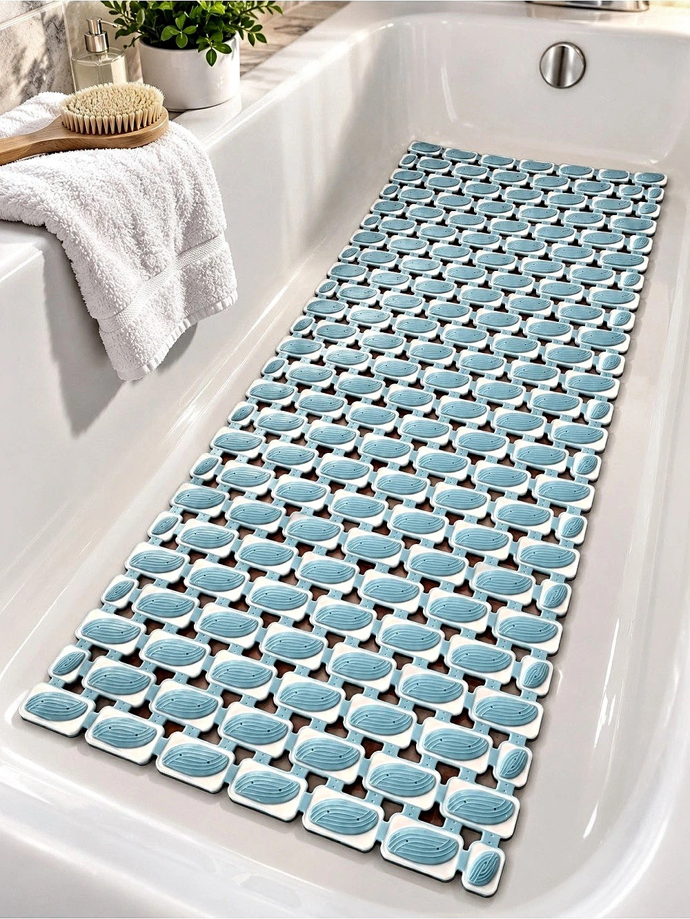 New Non-Slip Bath Tub Shower Mat 36” x 15” Blue White
